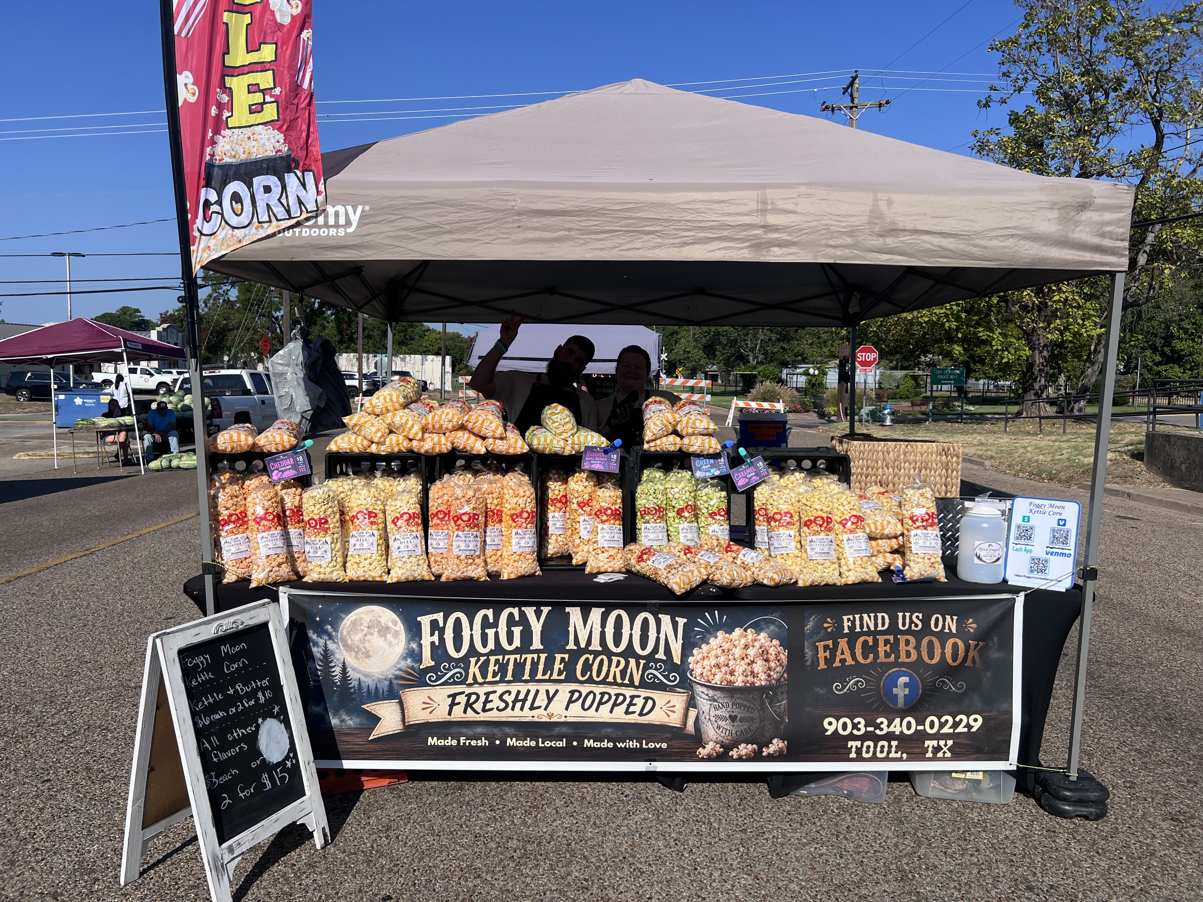 Foggy Moon booth with a full lineup of fresh popcorn